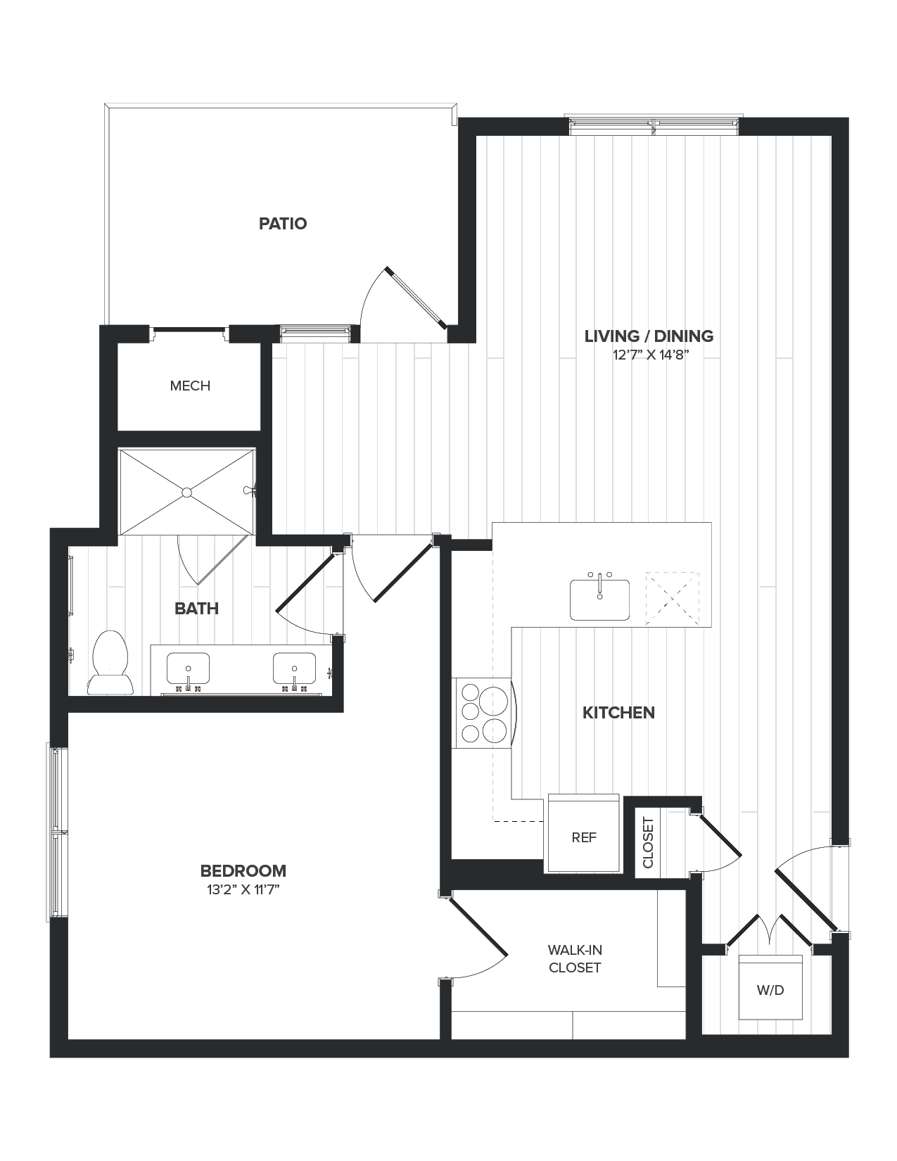 Floor plan for 1 bed, 1 bath, 786 sqft